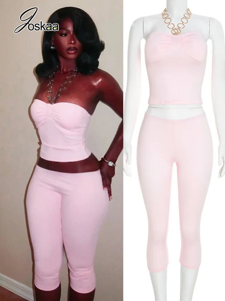 Sleeveless Solid Color Metal Ring Corset Crop Top+ High Waist Capri Pants Women's 2-Piece Set