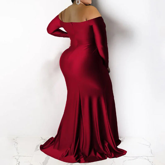 Satin Off Shoulder Solid Long Sleeve Deep V-Neck High Split Zipper Plus Size Maxi Dress to 4X