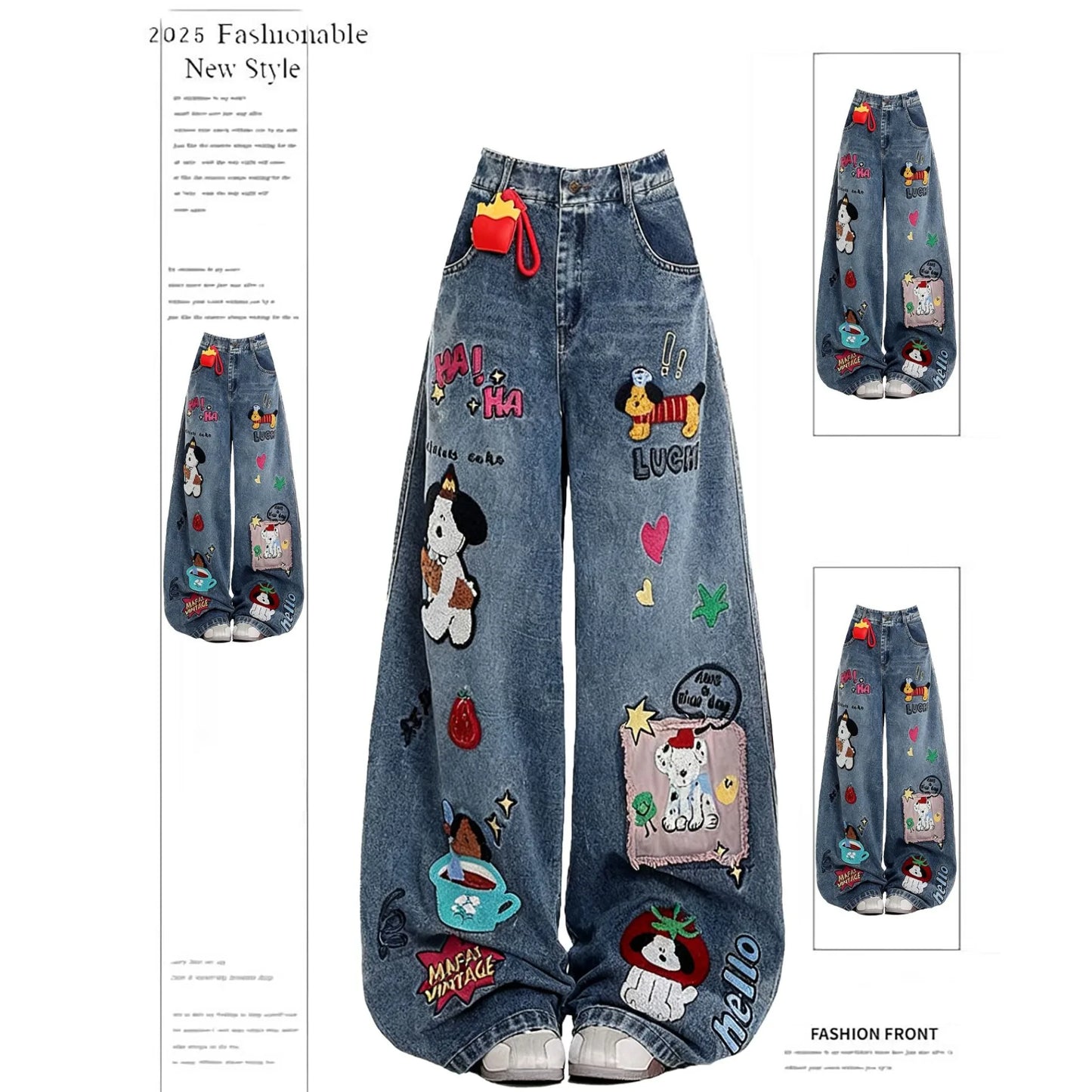 Cartoon Embroidered Hip-Hop Streetwear Women's Wide Leg Jeans