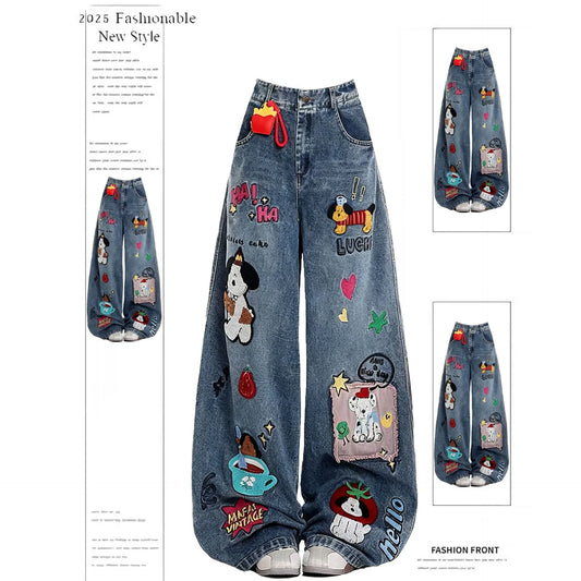 Cartoon Embroidered Hip-Hop Streetwear Women's Wide Leg Jeans