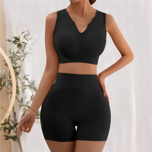 Cropped Solid V-Neck Compressed Breathable Quick Dry Activewear Women's 2-Piece Shorts Set