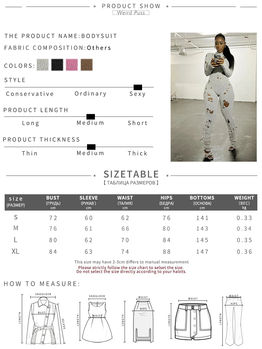 Knitted Skinny Streetwear Ripped Hole Pattern Women's Elastic Long Sleeve Jumpsuit