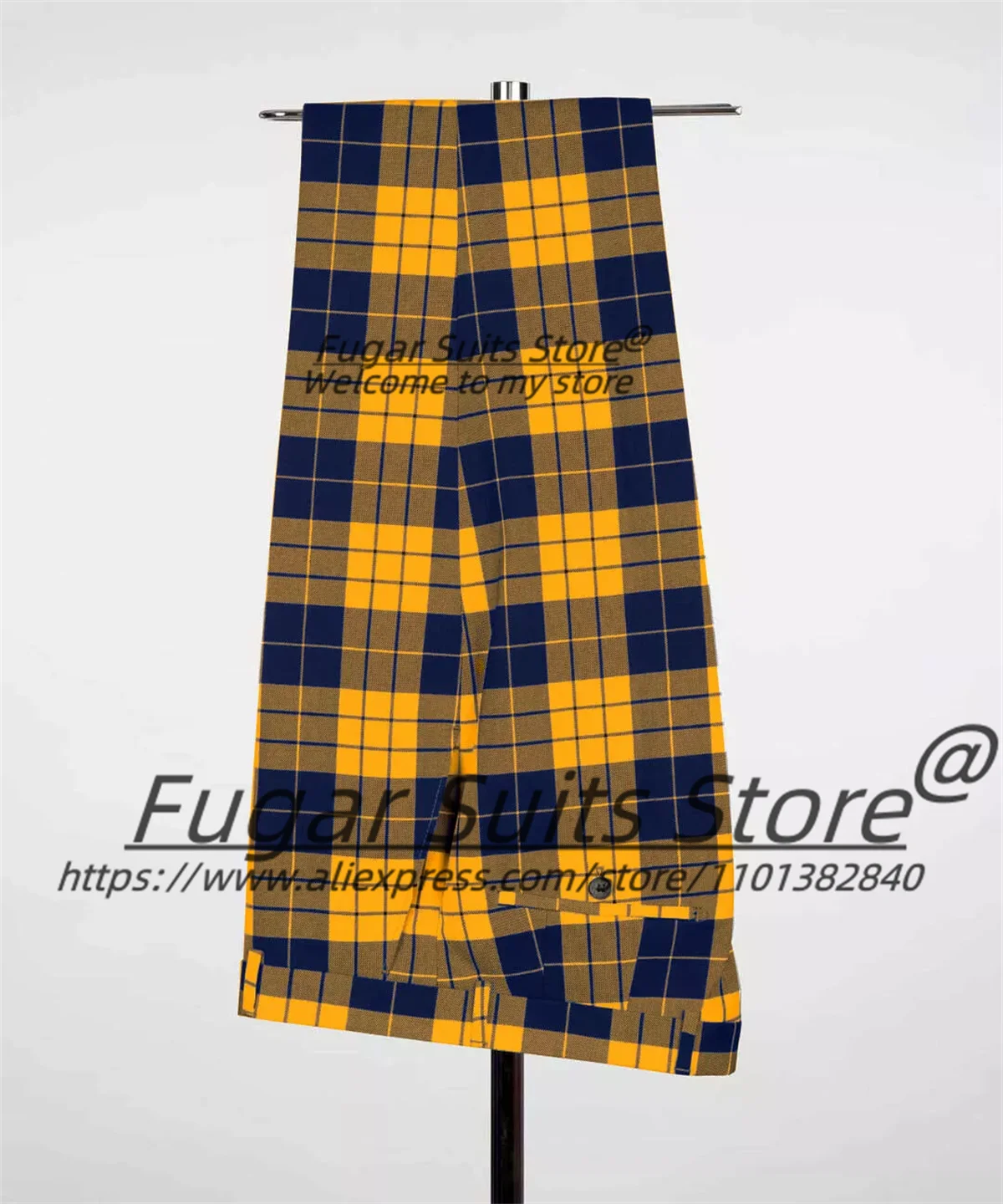 Men's British Plaid Gold Button Detail Double Breasted Tuxedo Blazer Jacket + Pants Formal Prom/Party/Wedding Suit