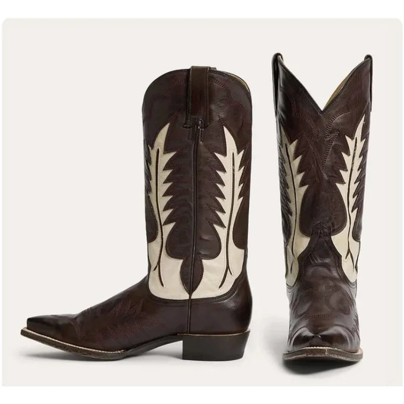 Western Flower Embroidered Pointed Toe PU Leather Midi Cowgirl Boots