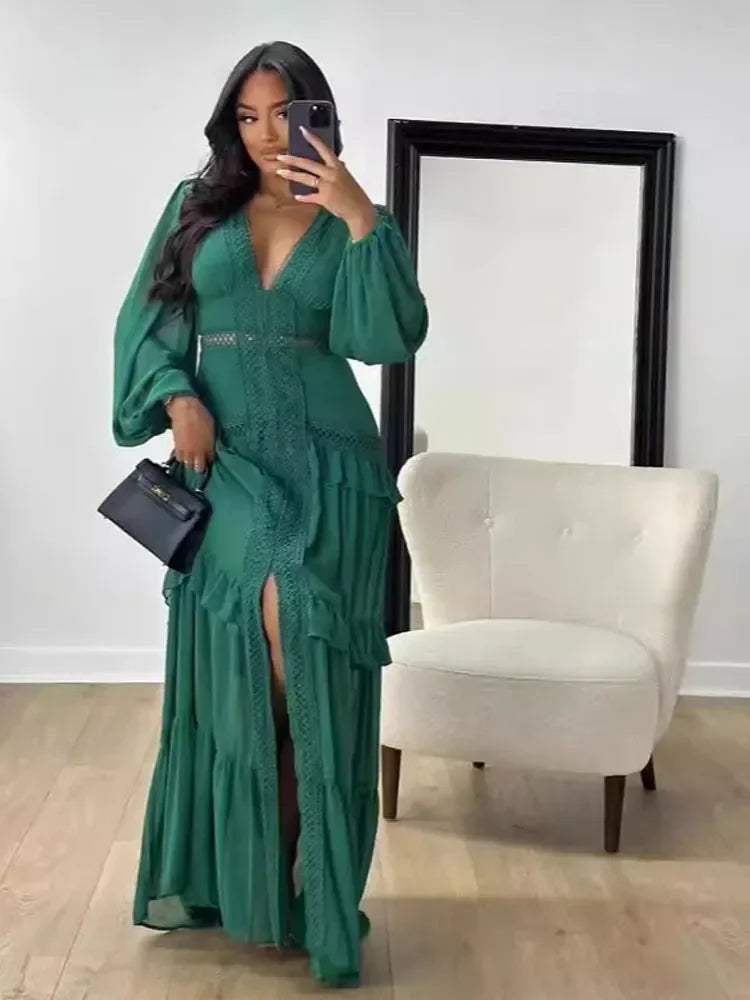 Layered Bohemian Tiered Ruffled Patchwork Design V-Neck Long Puff Sleeve High Slit Maxi Dress