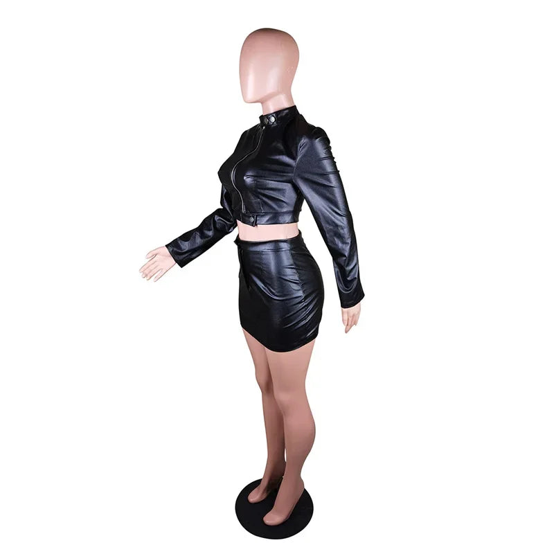 PU Faux Leather Dress Sets for Women 2 Piece Set Outfit Autumn Long Sleeve Jacket Top and Mini Skirt Moto Biker Matching Sets