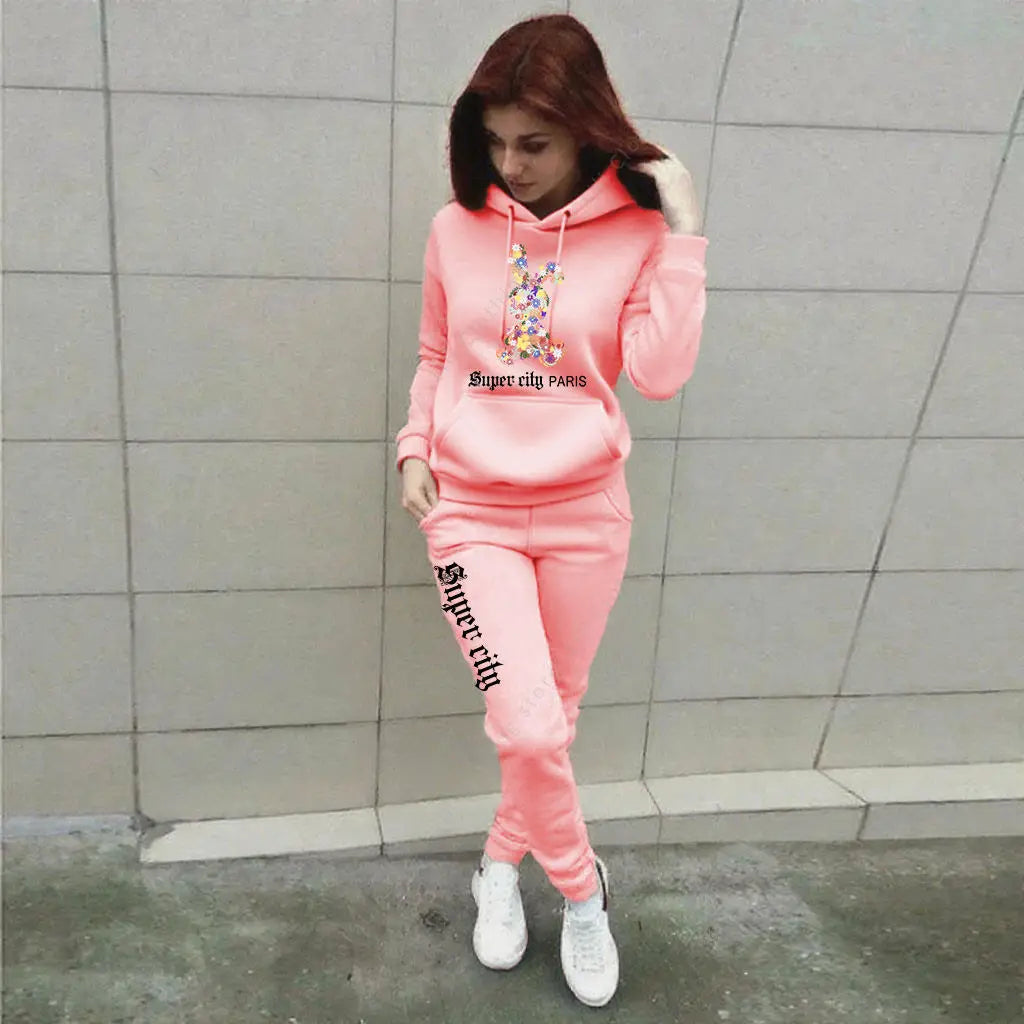 Hip-Hop Rainbow Bunny Rabbit Print Long Sleeve Hoodie Sweatshirt + Women's Jogger Sweatpants Tracksuit to 3X Plus Size