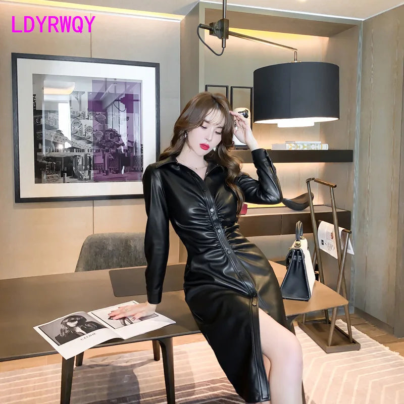 2021 spring new European station women's clothing temperament celebrity small pleated waist PU leather dress