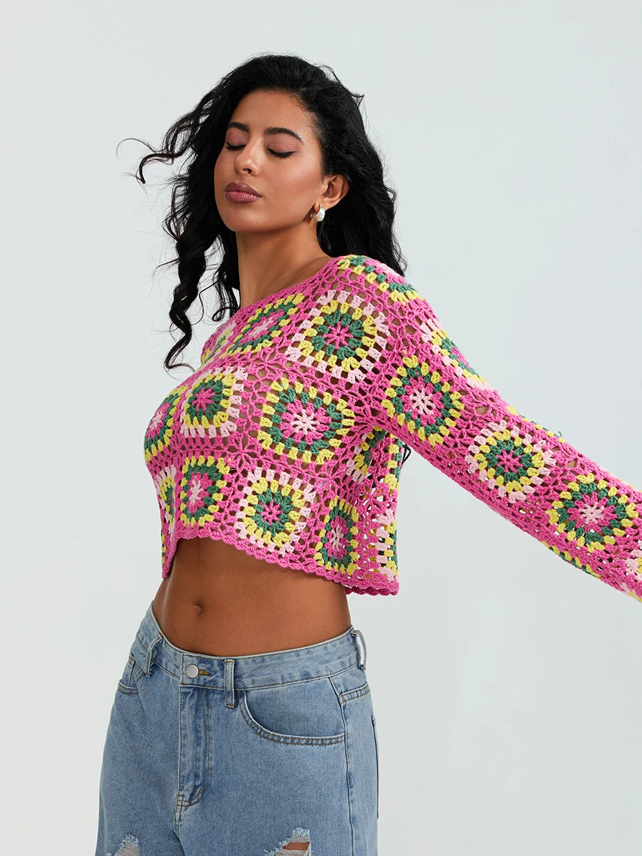 Crochet Square Floral Print Knitted Women’s Long Sleeve O-Neck Cropped Sweater