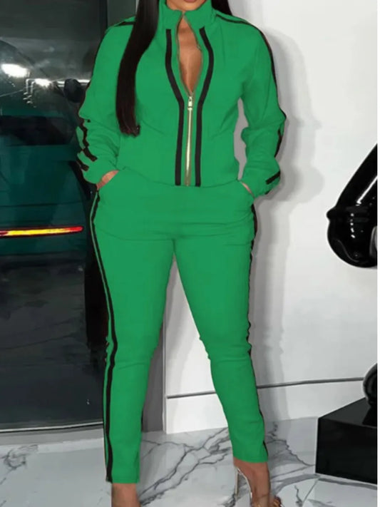 Green/Black Striped Zipper Mandarin Collar Women's Top + Matching Pants Tracksuit