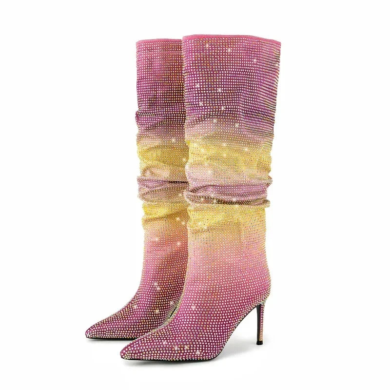 Gradient Rainbow Rhinestone Pleated Knee High Ruched Sleeve Boots