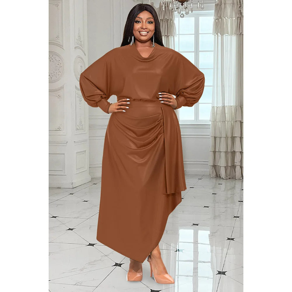 Irregular Satin Ruched Cinched Waist Long Sleeve Solid Color Maxi Dress to 4X Plus Size