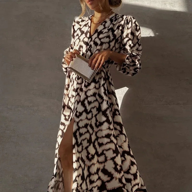 Ruffled Floral Print Puff Long Sleeve Turn-Down Collar Maxi Dress