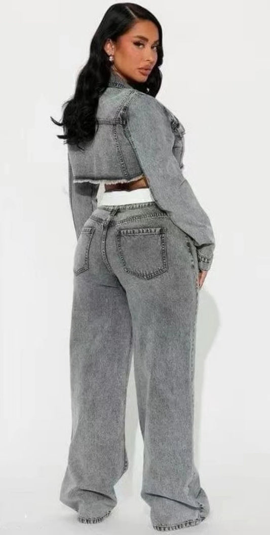 Washed Denim Long Sleeve Cropped Jean Jacket + Straight Jeans  Set