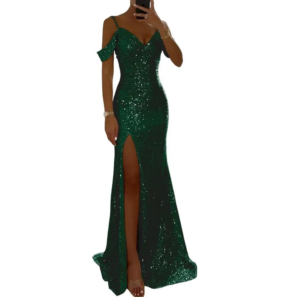 Shiny Sparkling Sequin Off-the-Shoulder V-Neck High Side Slit Party Maxi Dress