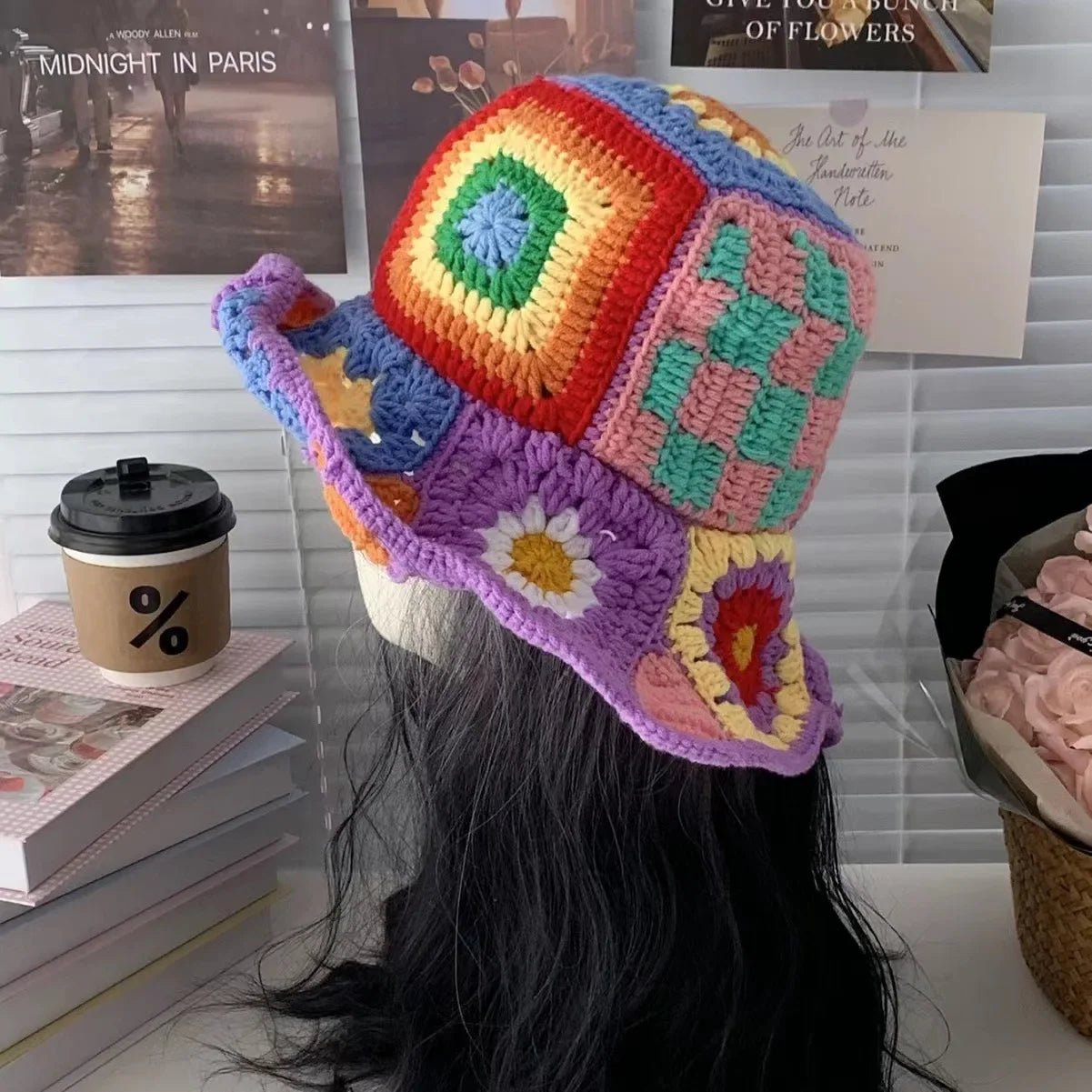 Handmade Knitted Crochet Large Brim Patchwork Flower Design Yarn Hook Needle Fisherman's Bucket Hat