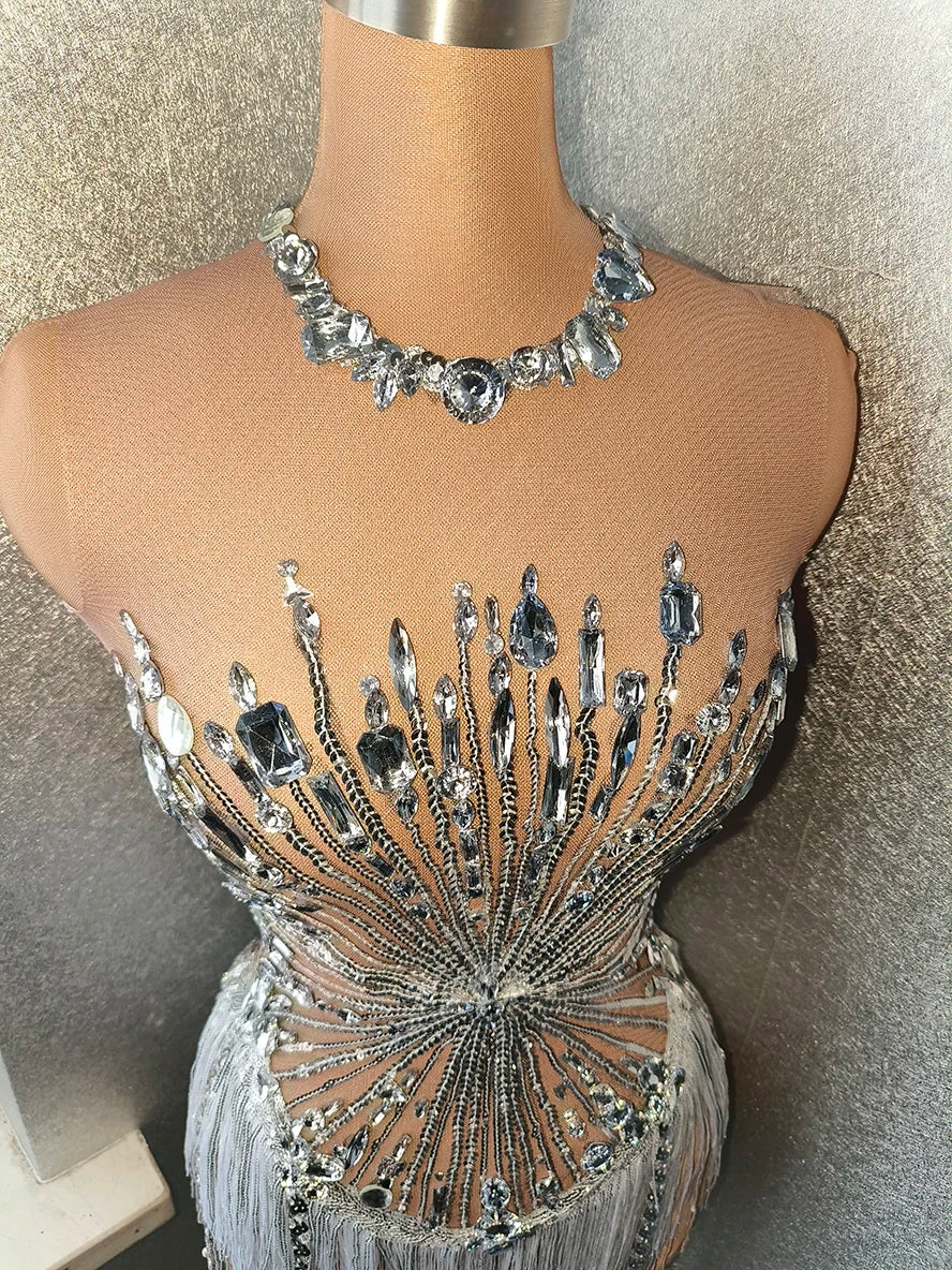 Rhinestone Crystal  Tassel Fringe Performance Formal Bodysuit