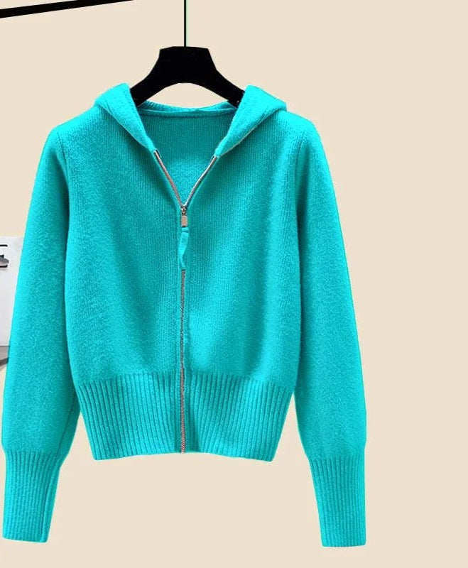 Hooded Solid Color Women's Long Sleeved Zipper Cardigan Sweater Jacket