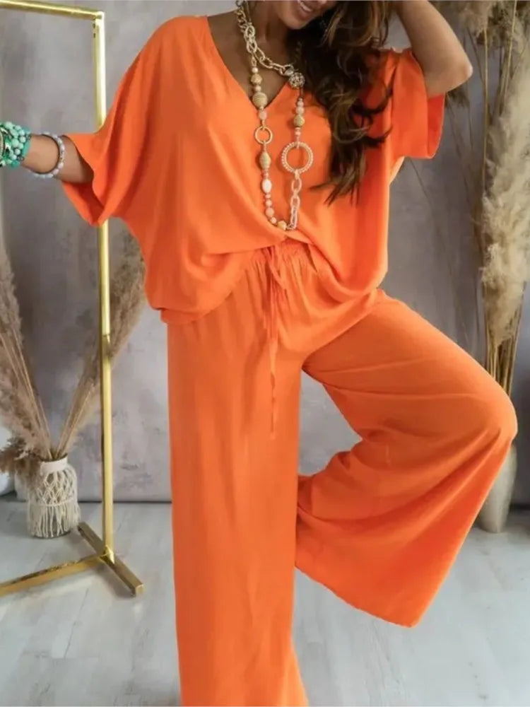 Baroque/Colorblock Striped/Solid Color Women's V-Neck Top + Loose Pants 2-Piece Set