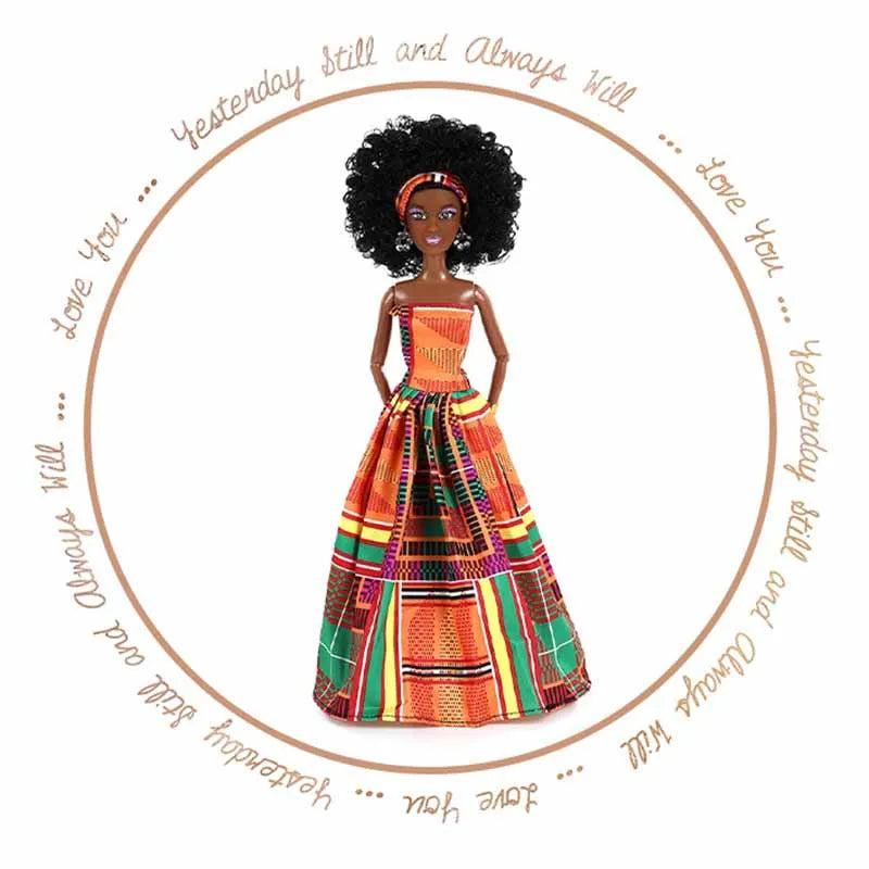 Exquisite African Black Simulation Ethnic Dashiki Dress Doll