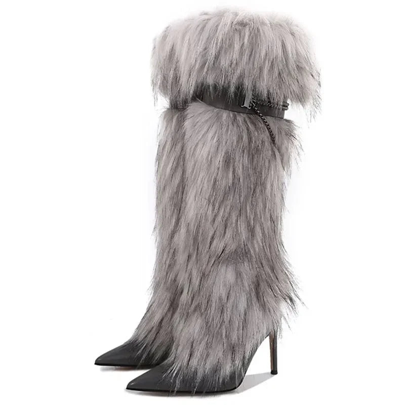 Shaggy Fur Stiletto Heel Pointed Toe Women's Knee-High Boots