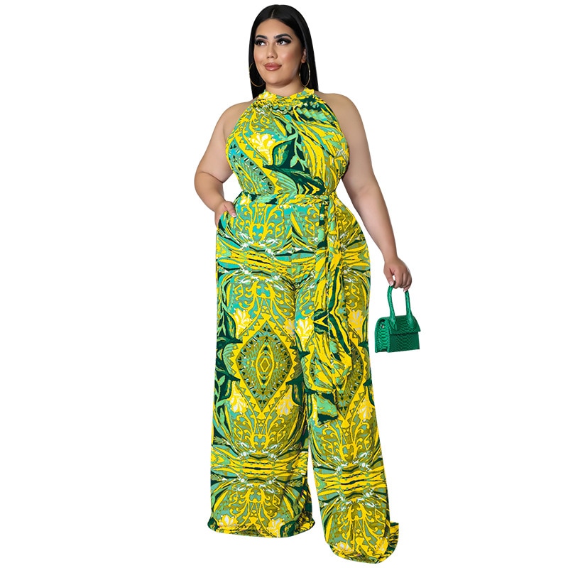 African Print Sleeveless Printed Wide Leg Jumpsuit w/ Sash Belt to 5X Plus Size