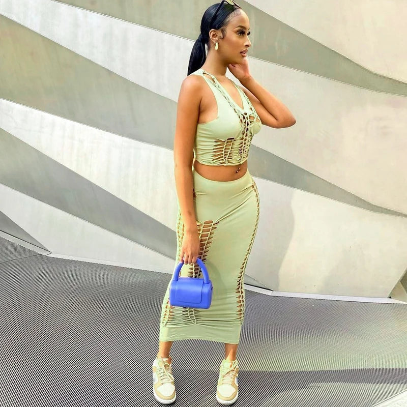 Sleeveless Ripped Streetwear Lace-Up Vest Crop Top + Hollow-Out Maxi Skirt Women's 2-Piece Set