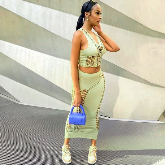 Sleeveless Ripped Streetwear Lace-Up Vest Crop Top + Hollow-Out Maxi Skirt Women's 2-Piece Set