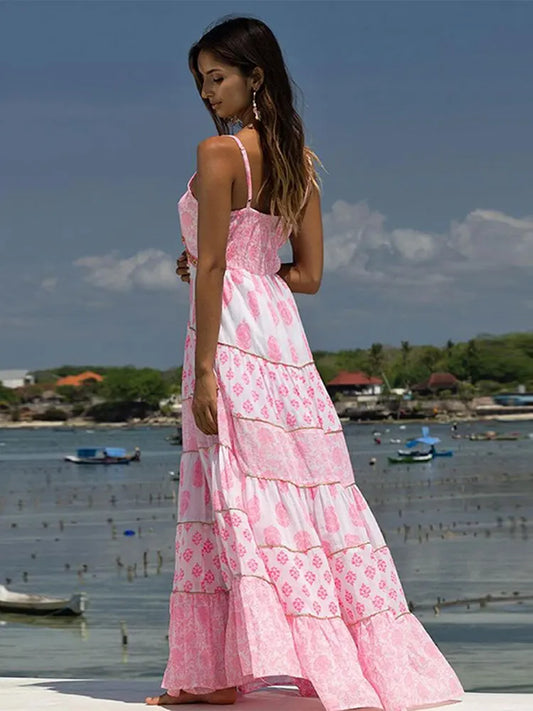 Pink Printed Ruffled Oversized Hem Loose Backless Sling Beach Maxi Dress