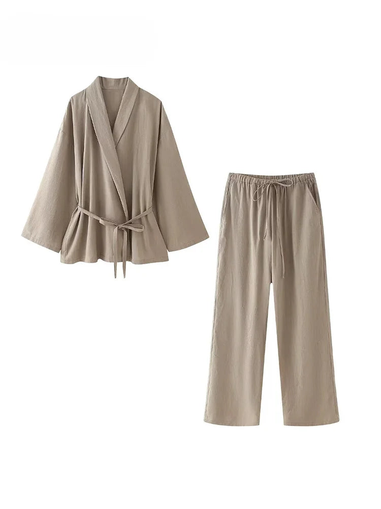 Solid Women's Khaki Drawstring Blazer Jacket + Elastic Waist Wide Leg Pants Business Suit