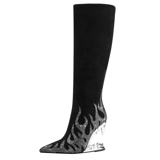 Diamond Knee Long Pointed Side Zipper Tiger Teeth High Heels Boots