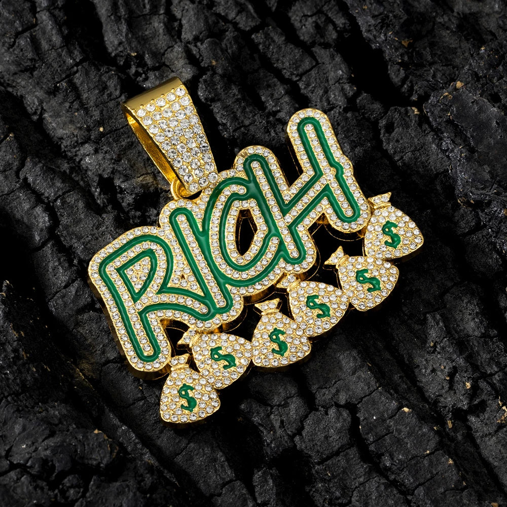 "Rich" Rhinestone Money Bag Pendant 13mm Miami Cuban Link Chain Necklace