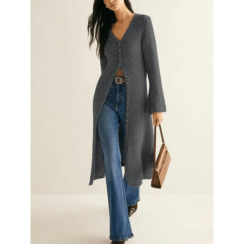 Knitted Long Flared Sleeve Button Front Bodycon Women's Maxi Sweater