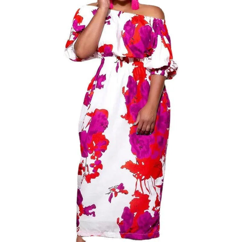 Floral Printed Off-the-Shoulder Short Lantern Sleeve Robe High Waist Maxi Dress