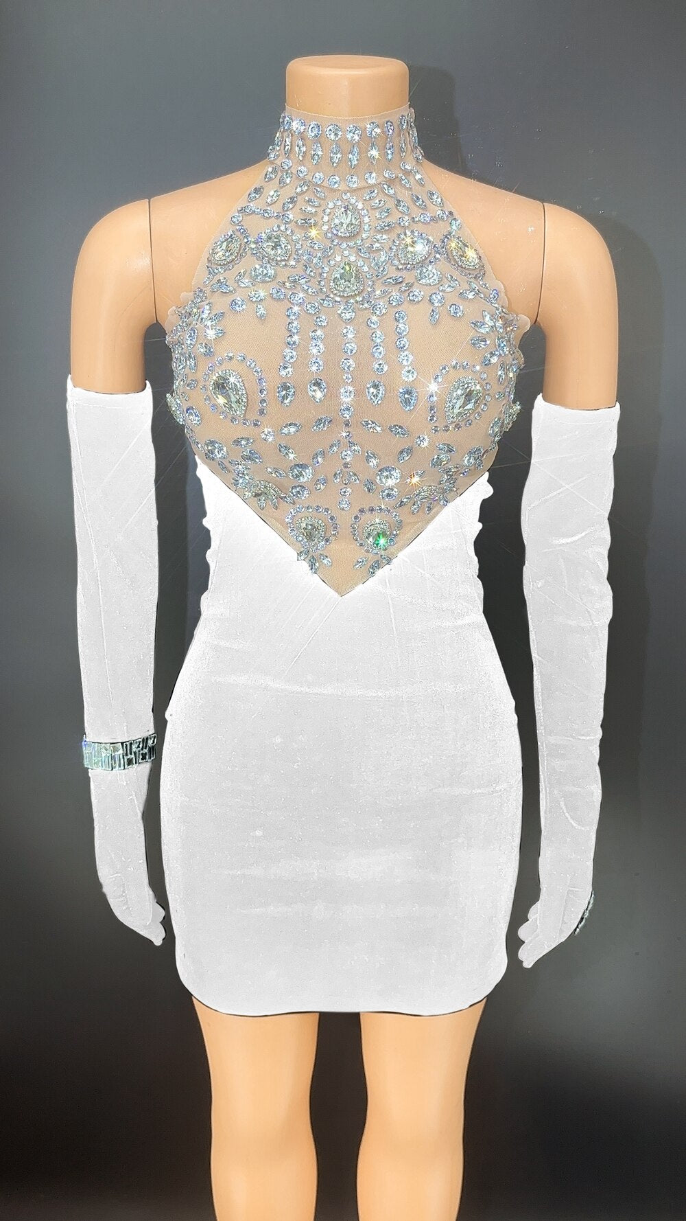 Rhinestone Velvet Sleeveless Backless Bodycon Mesh Evening Dress w/ Matching Gloves