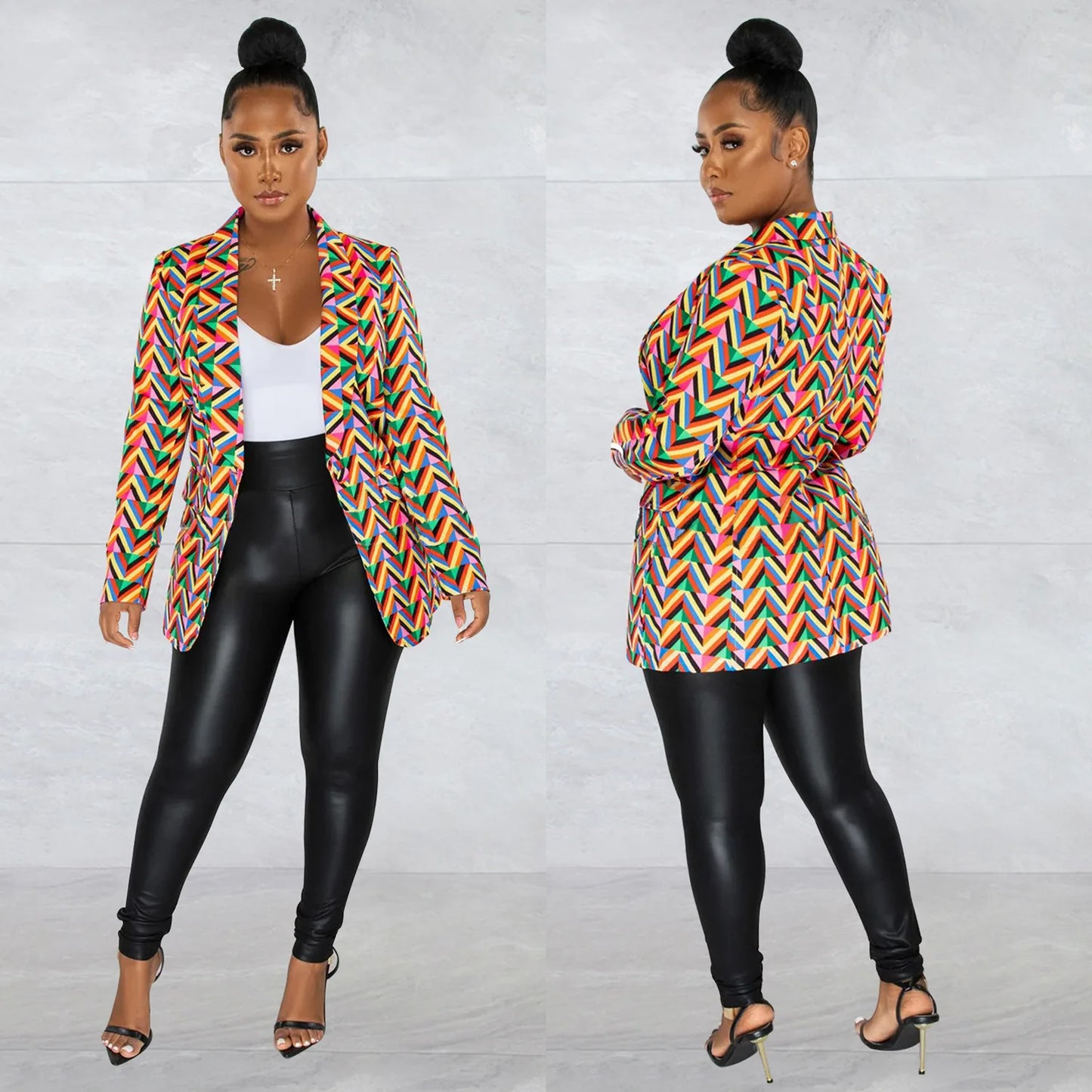 Geometric Tailored Women's Long Sleeve Printed Turn Down Collar Blazer