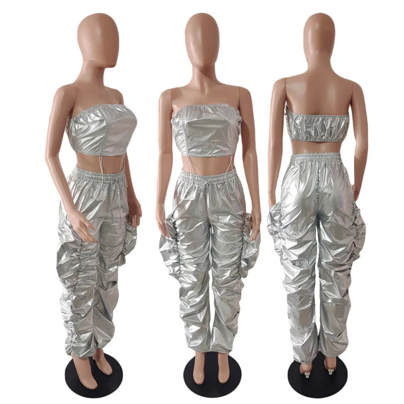 Metallic Ladies Crop Top + Ruched Stacked Streetwear Pants 2-Piece Set