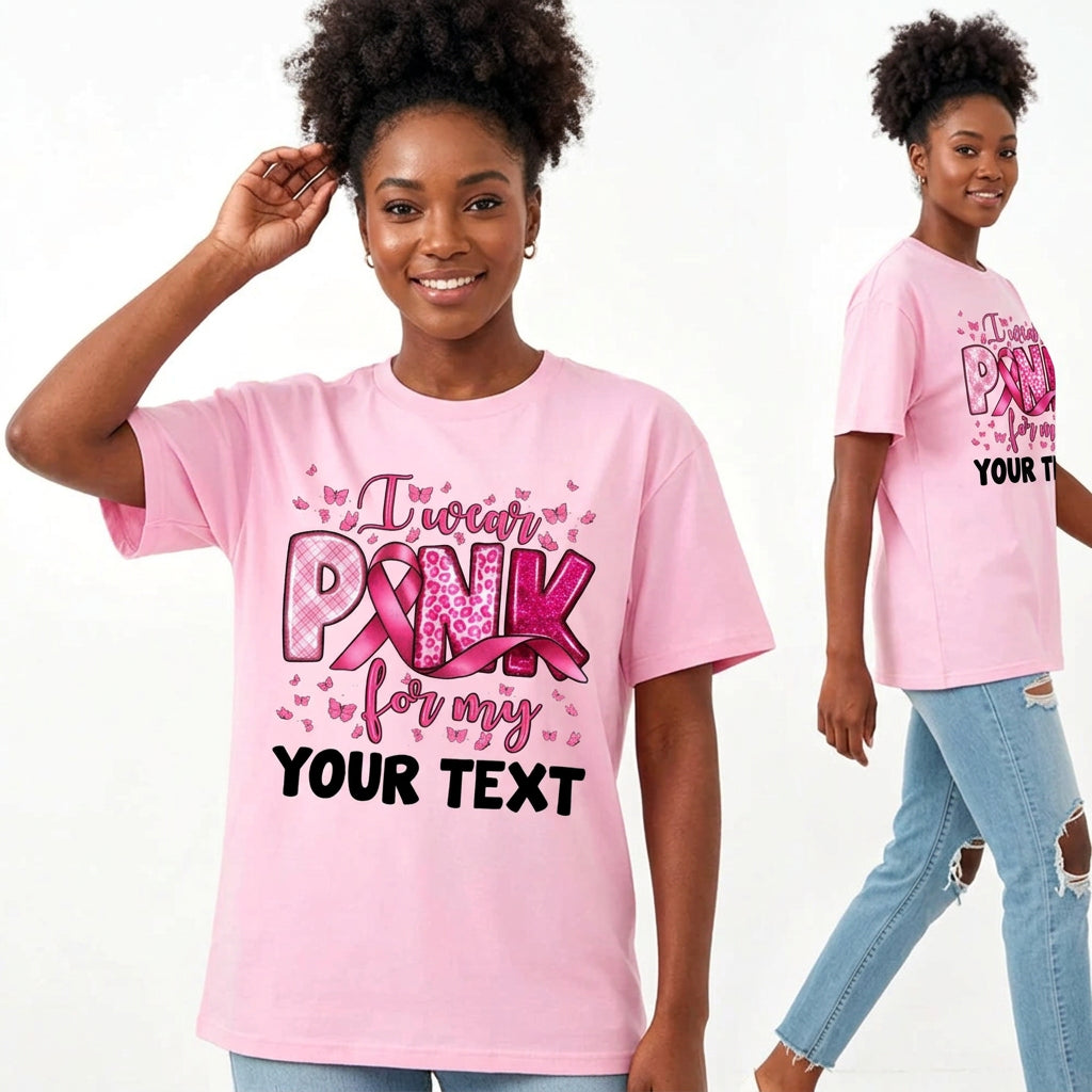 Customized Name "I Wear Pink For My Mom" Short Sleeve Women's Personalized Ribbon 3D Print Breast Cancer Awareness T-Shirt to 3X Plus Size