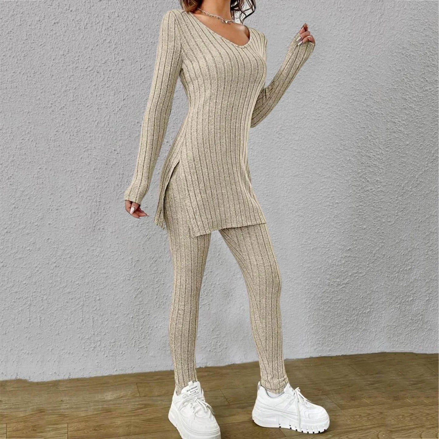 Ribbed Knitted Long Sleeve Women's Tunic Shirt + Leggings 2-Piece Set
