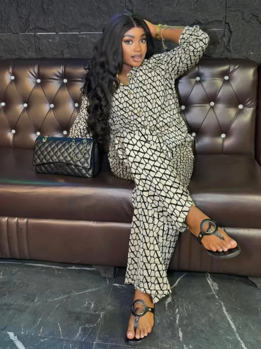 Off-White/Black Monogram Print Long Sleeve Women's Oversized Blouse + Loose Wide Leg Pants Matching 2-Piece Set