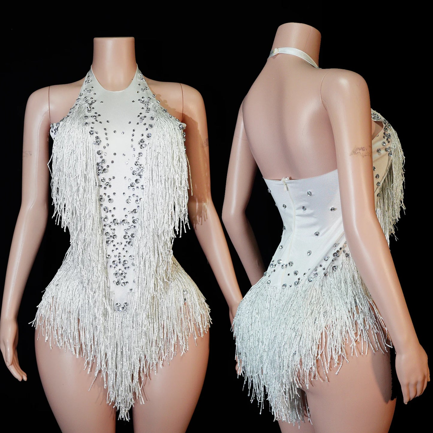 Tassel Fringe Design Sleeveless Zipper Back Sparkling Rhinestone Women's Formal Stage Dance Bodysuit