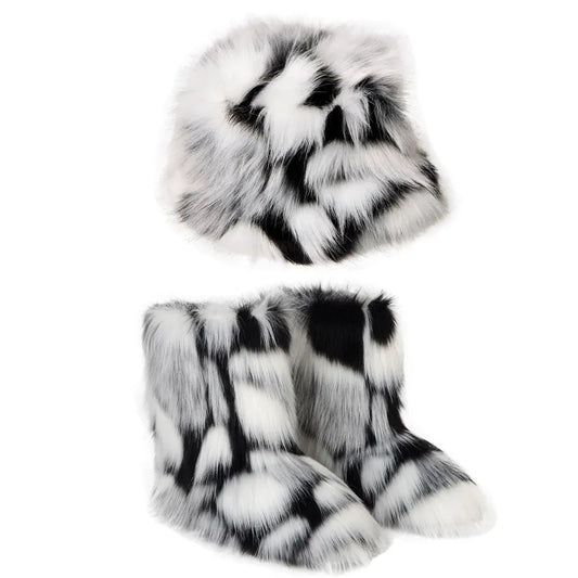 Faux Fur Tie-Dye Print Ladies Plush Slip on Ankle Snowboots + Matching Bucket Hat 2-Piece Set