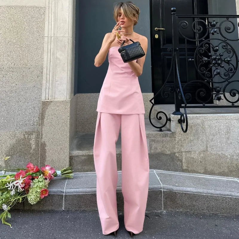 Pink Patchwork Streetwear Sleeveless Tube Top + Baggy Streetwear Pants Women's 2-Piece Set