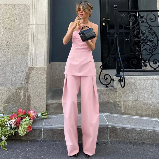 Pink Patchwork Streetwear Sleeveless Tube Top + Baggy Streetwear Pants Women's 2-Piece Set