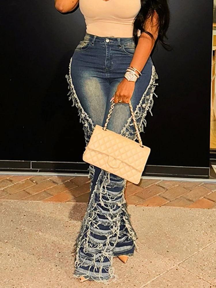 Ripped Denim Tassel Fringe Detail Women's Skinny Streetwear Flared Leg Jeans