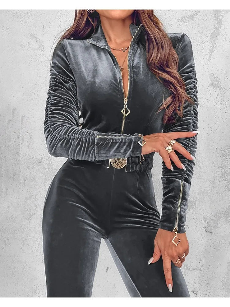 Velvet Ruched Women's Long Sleeve Elastic Waist Belted Zipper Jumpsuit