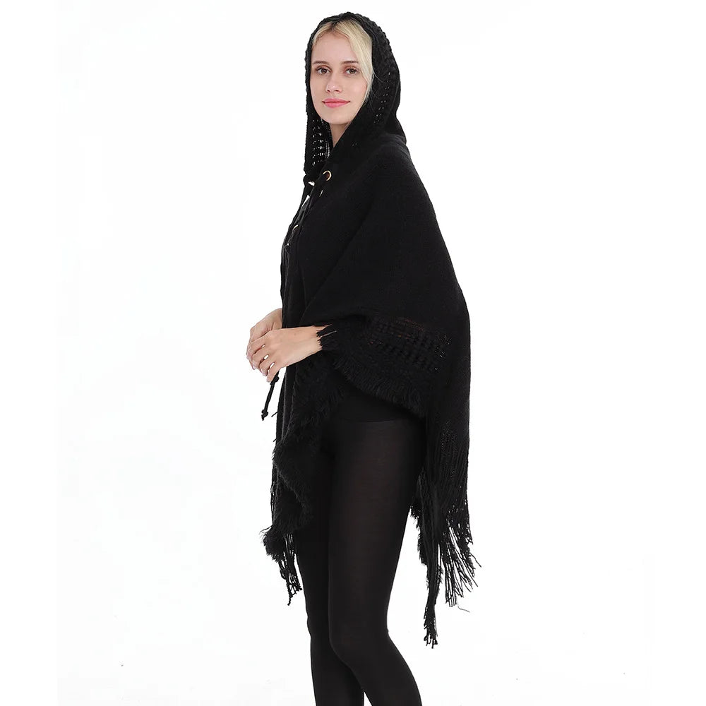 Fringe Tassel Women's Knitted Hooded Crochet Shawl Wrap Sweater