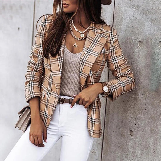 Plaid/Geometric/Snakeskin Print Turn-Down Collar Office Blazer