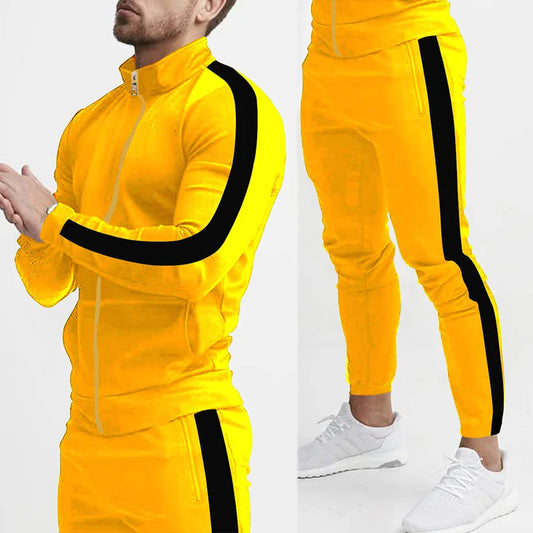 Men's Striped Mandarin Collar Fitness Zipper Jacket + Skinny Side Striped Jogger Sweatpants Tracksuit