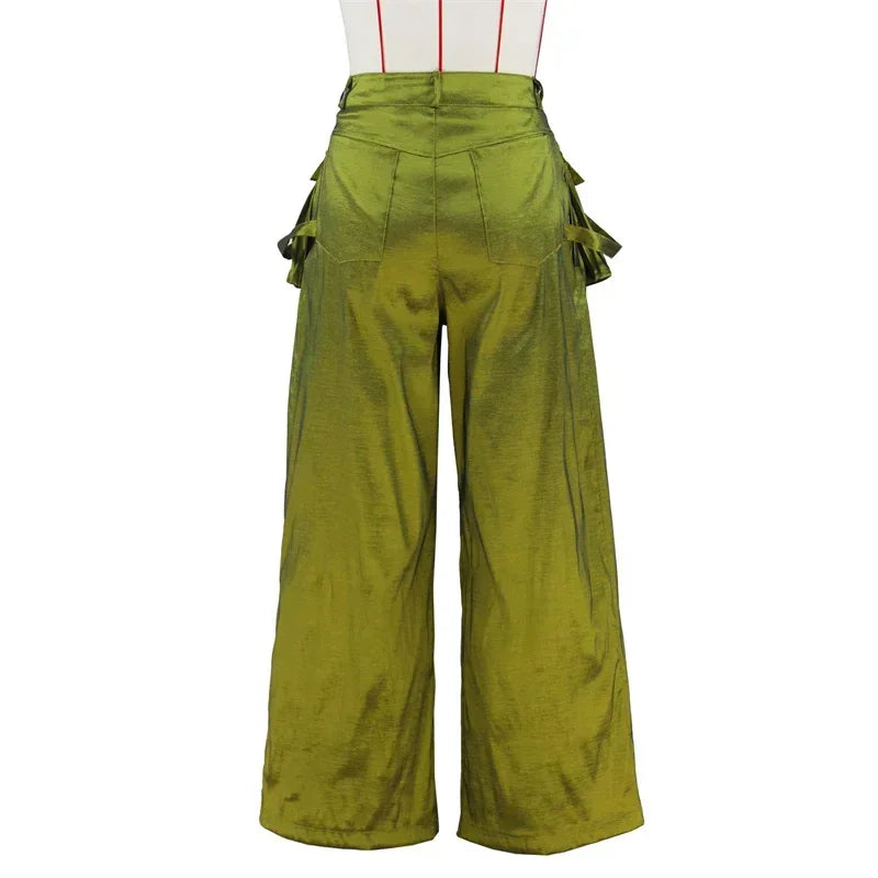 Solid Color Streetwear High Waist Removable Pocket Wide Leg Loose Cargo Trouser Pants